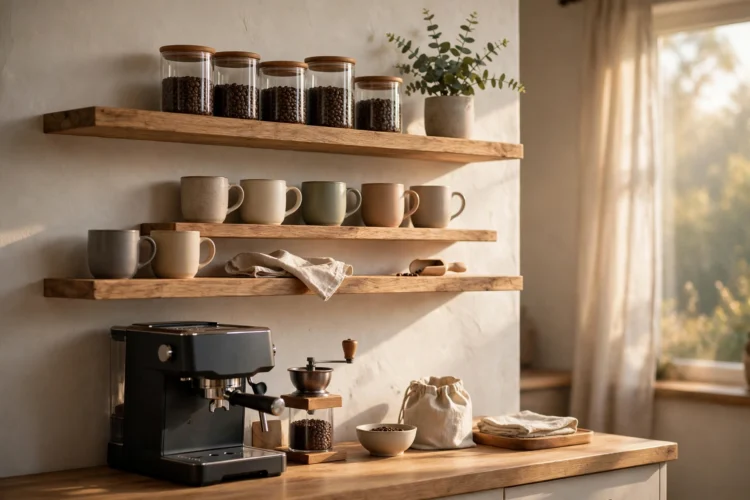 Open shelves above a coffee station with mugs and beans