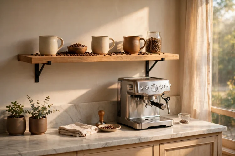 Floating shelf coffee station above a kitchen counter