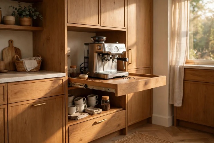Coffee bar cabinet with a pull-out shelf and the machine slid out