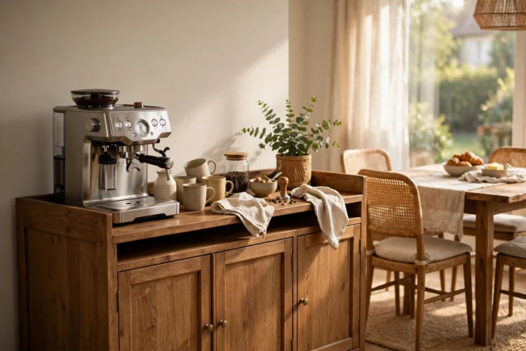 Sideboard turned into a coffee bar in the dining room