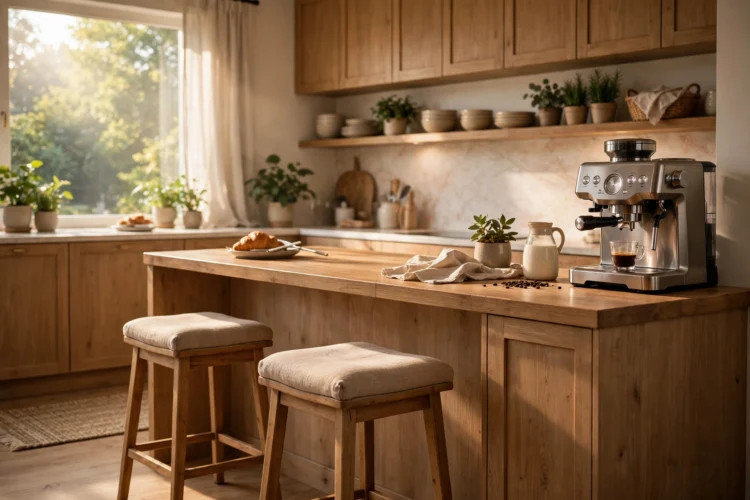 Breakfast bar with two stools and a coffee machine at one end