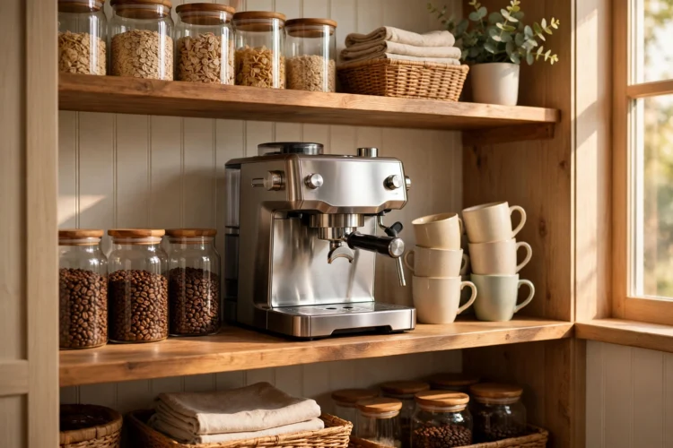 Coffee machine on a pantry shelf with mugs and bean jars