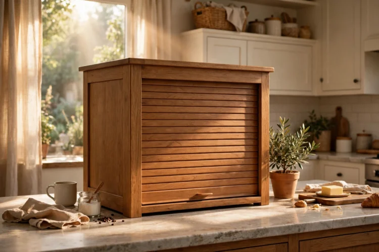 Appliance garage cabinet with roll-up door hiding a coffee maker