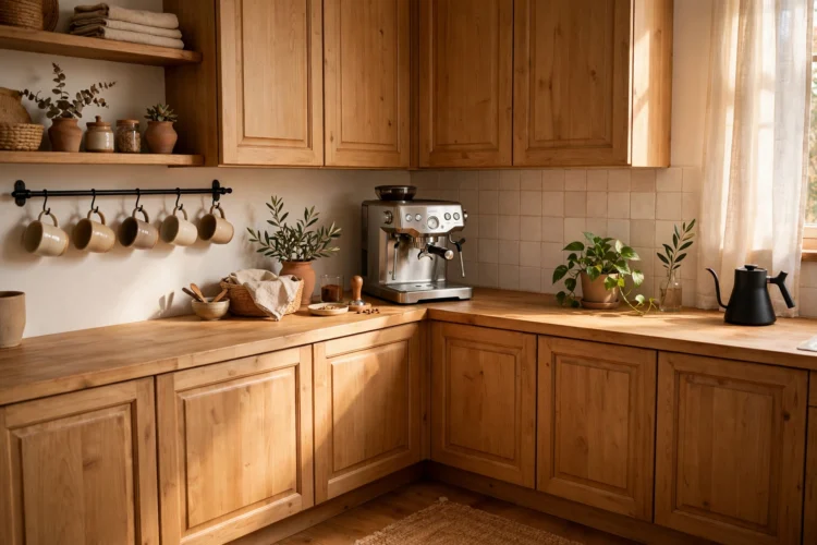 Coffee station tucked into the dead corner of an L-shaped kitchen