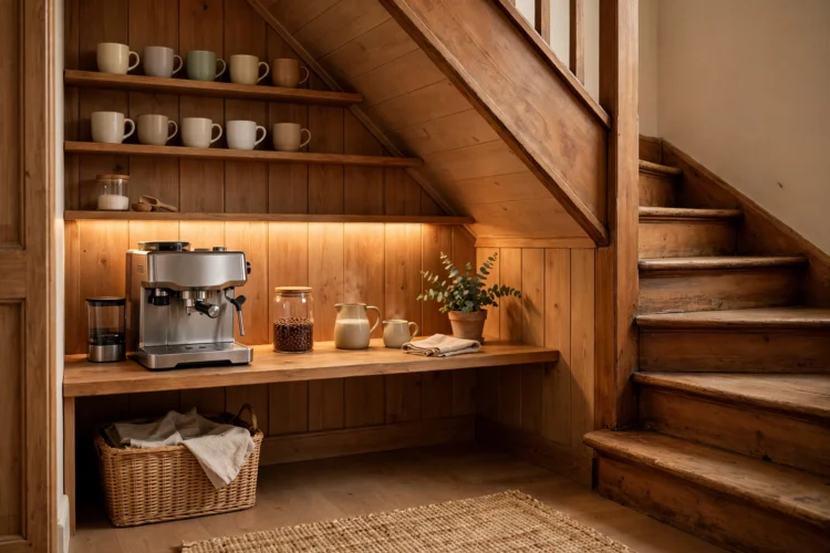 Coffee station built into a closet under the stairs