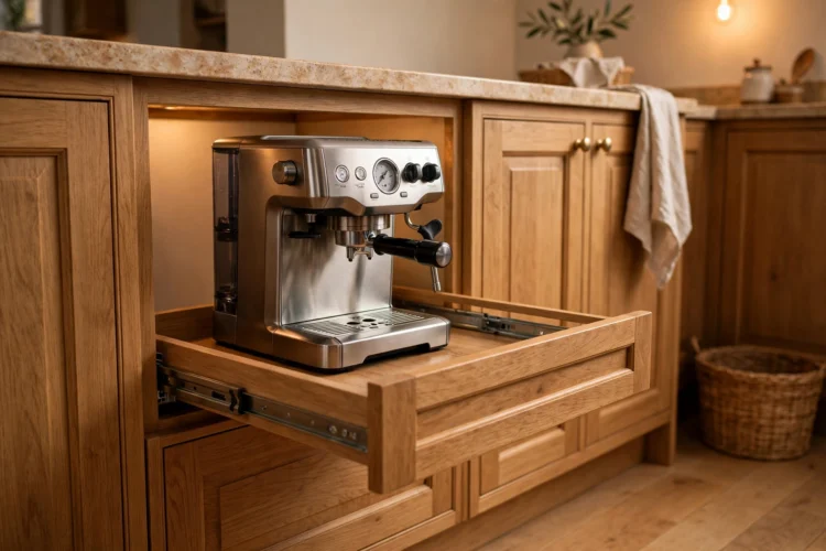 Pull-out drawer shelf holding a coffee machine in a base cabinet