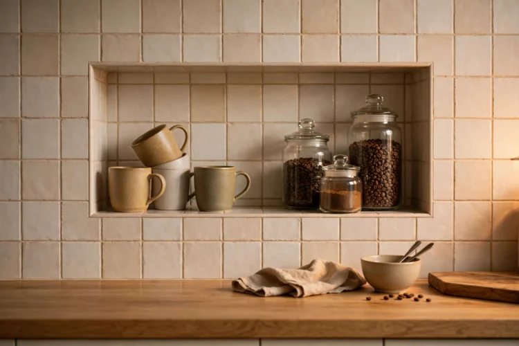 Shallow wall niche with mugs and coffee jars above a countertop