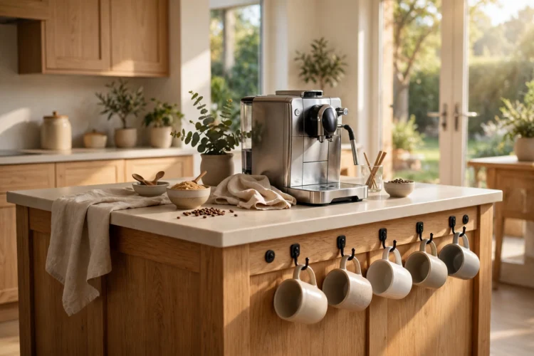 Coffee station at the end of a kitchen island with mug hooks