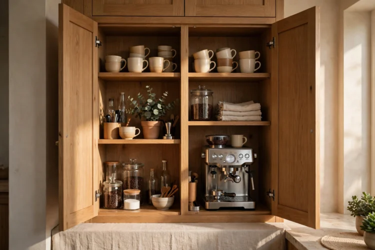 Tall cabinet with pocket doors open revealing a coffee station