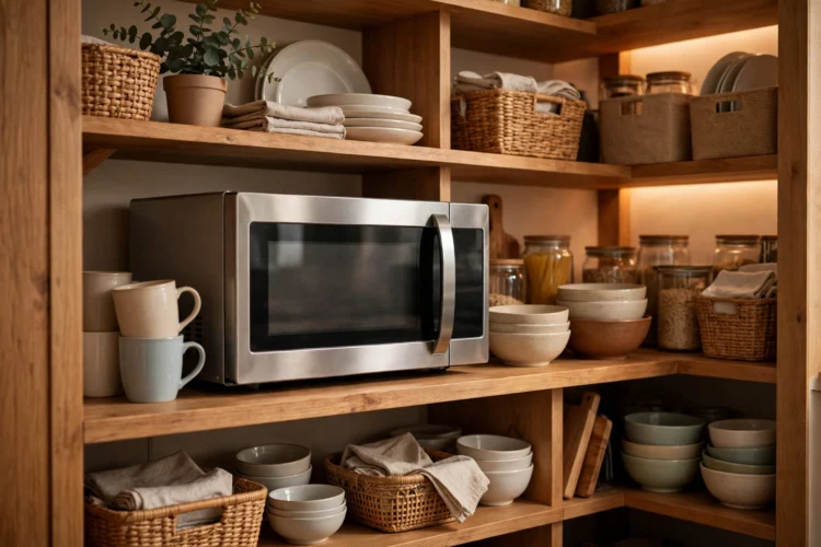 Microwave on a pantry shelf with mugs and bowls nearby