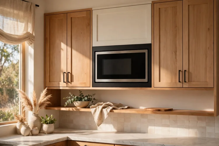 Microwave built into a shelf between upper kitchen cabinets