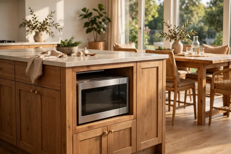Microwave cubby built into the side of a kitchen island