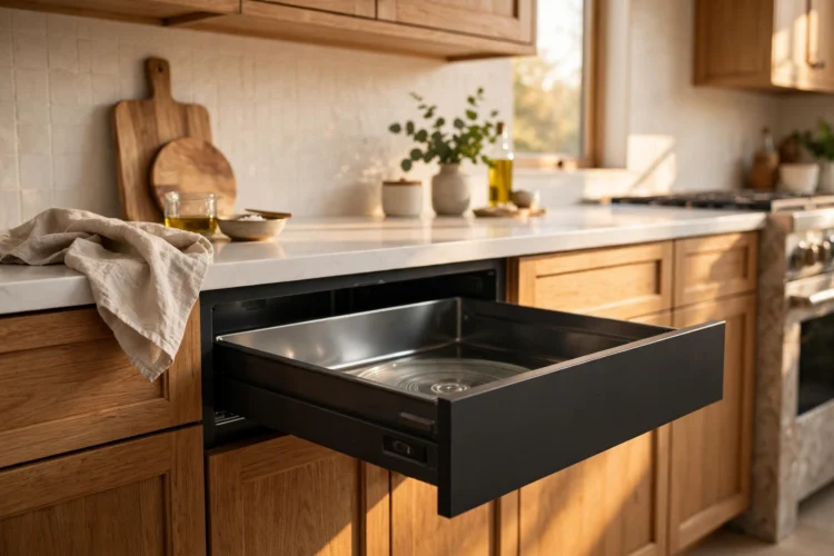 Microwave drawer pulled open under a kitchen counter
