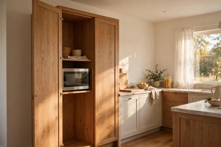 Tall cabinet with door open revealing a microwave nook
