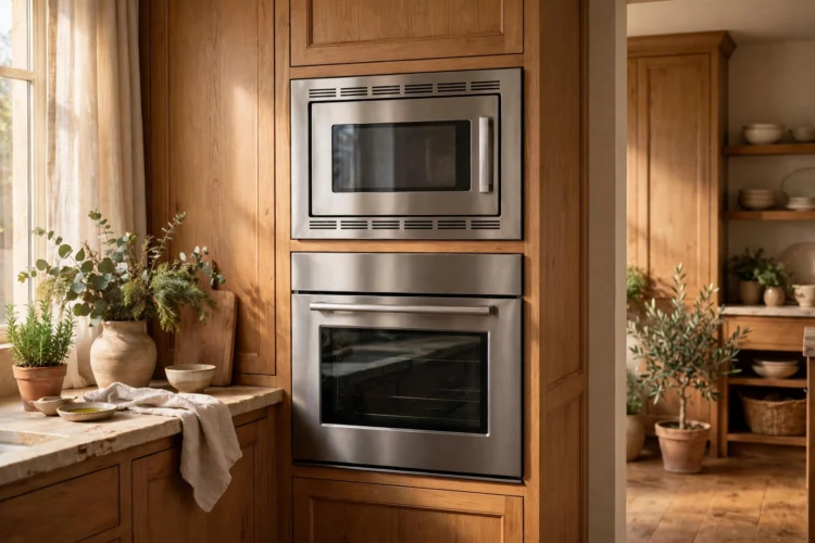 Microwave stacked above a wall oven in a tall cabinet