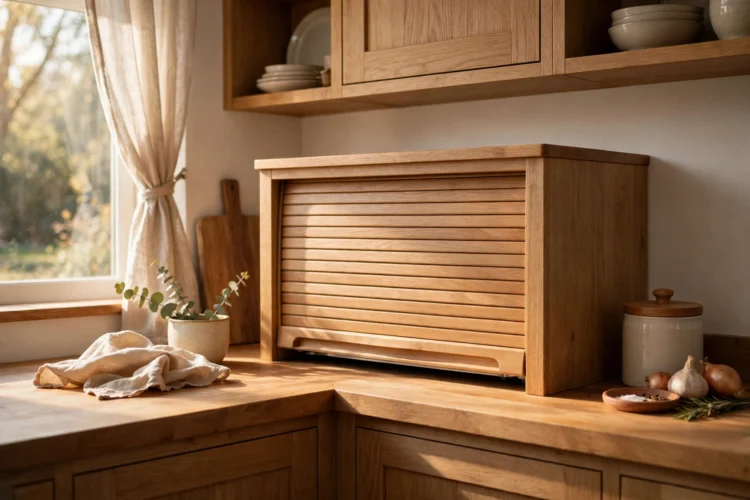 Appliance garage with roll-up door hiding a microwave