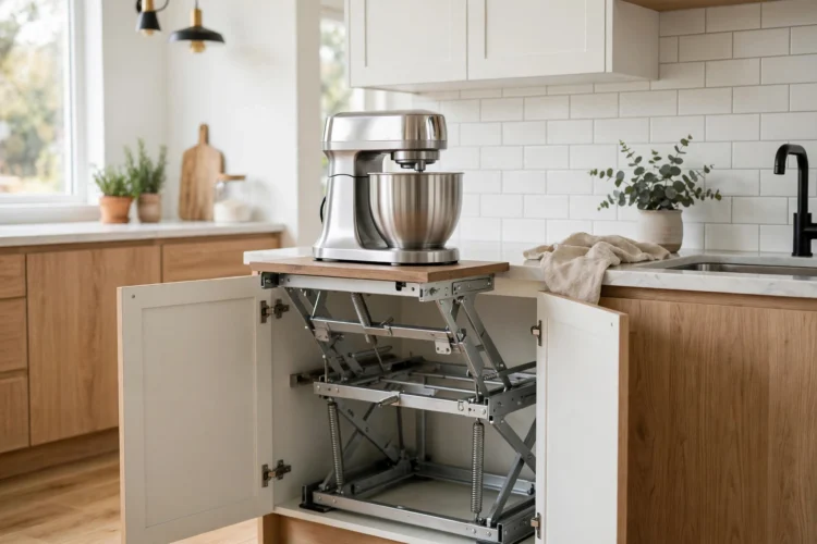 Stand mixer on a spring-loaded lift shelf rising from a base cabinet