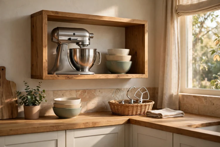 Stand mixer on a dedicated open shelf at counter height