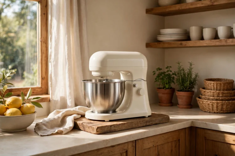 Stand mixer styled on a kitchen counter with a wooden board
