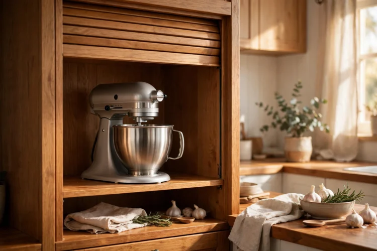 Stand mixer inside a cabinet with a roll-up tambour door