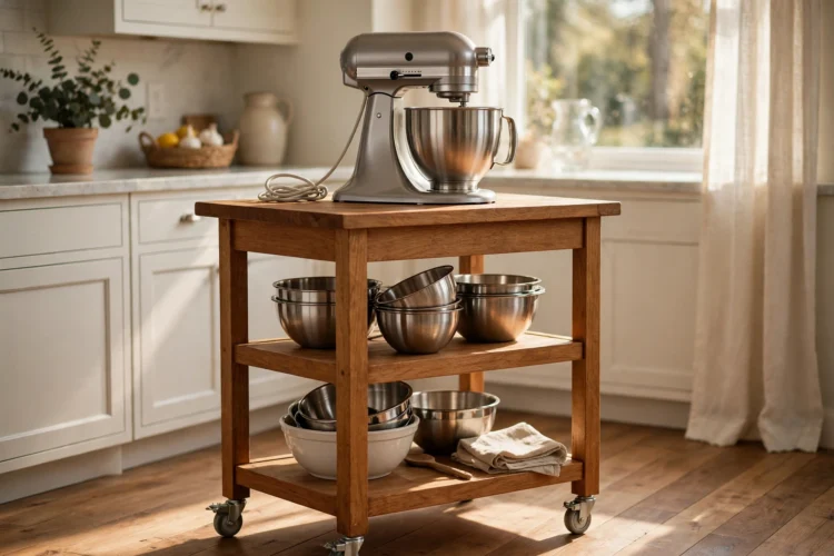Rolling cart with a stand mixer on top and bowls below