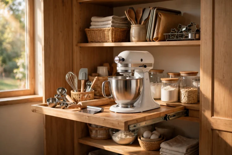Stand mixer on a slide-out shelf inside a pantry