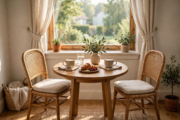 Small 36 inch round dining table for two in a breakfast nook