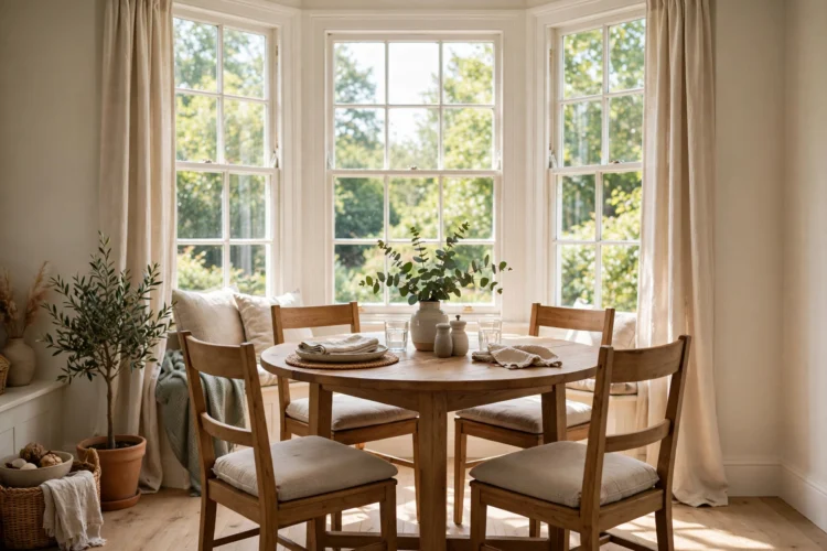 Round dining table placed in a bay window with daylight