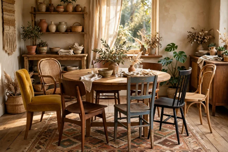 Round dining table surrounded by mismatched chairs