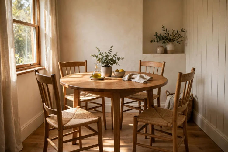 42 inch round dining table with four chairs in a small dining room