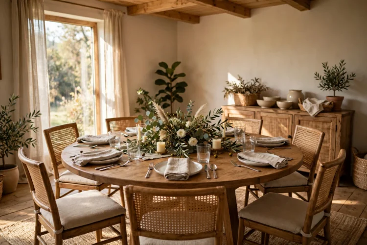 48 inch round dining table set for six with a centerpiece