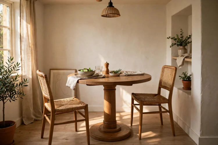 Pedestal base round dining table with a single central column