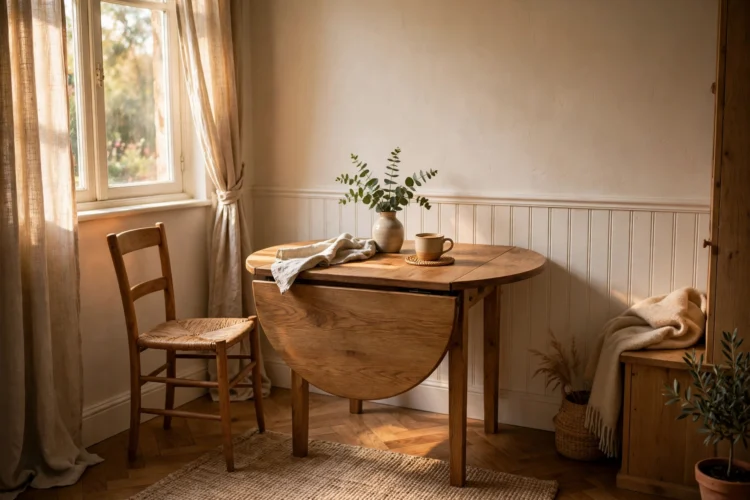 Drop-leaf round dining table folded against a wall