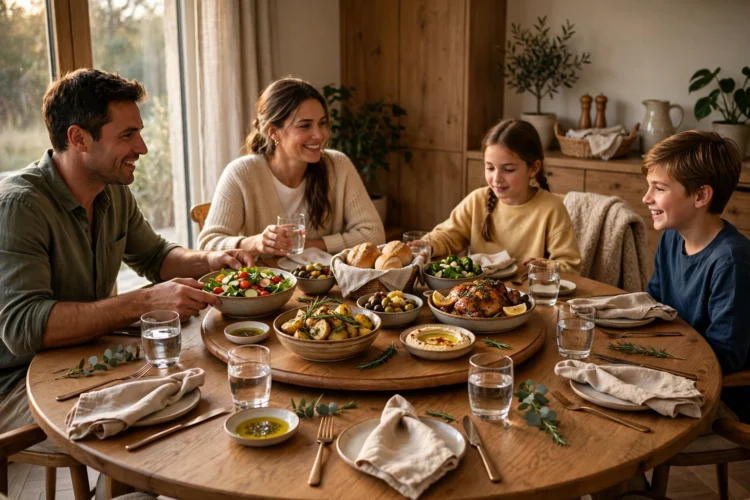 Round dining table with a lazy Susan holding shared dishes