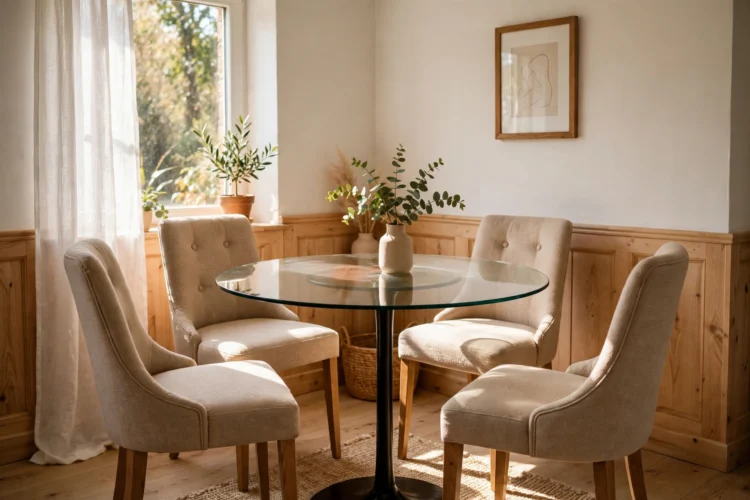 Glass top round dining table with upholstered chairs