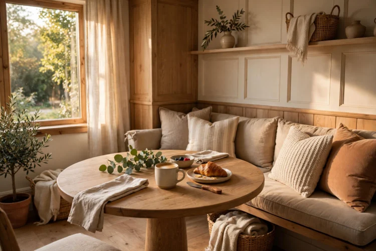 Round dining table paired with a built-in banquette bench