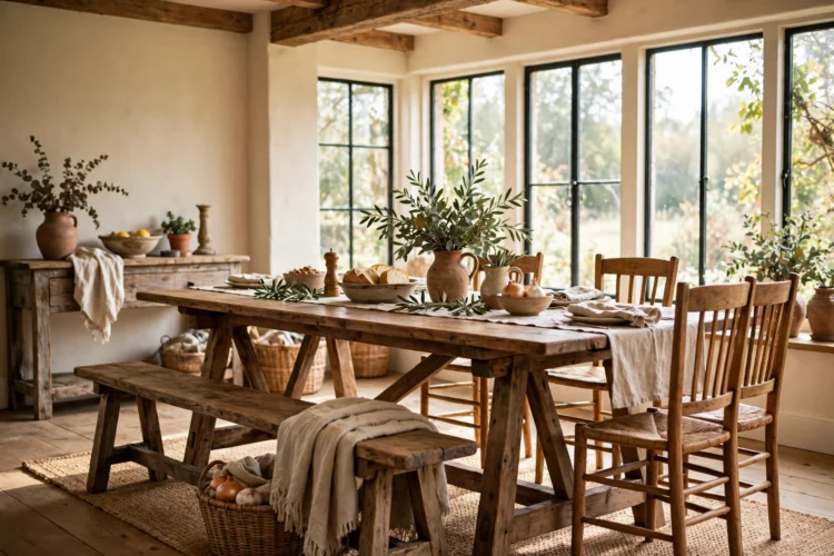 Trestle farmhouse dining table with bench and chairs in a dining room