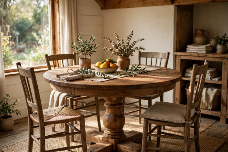 Round farmhouse dining table with pedestal base in a small room