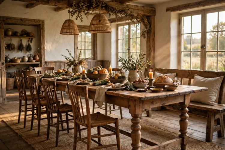 Long harvest farmhouse dining table with turned legs