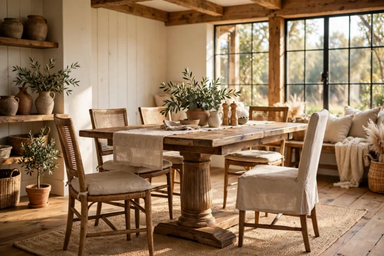Pedestal farmhouse dining table with a central column base
