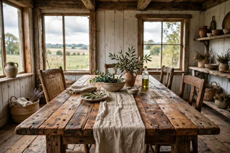 Farmhouse dining table made from reclaimed wood with visible grain