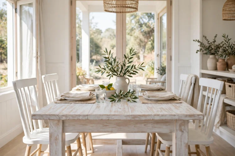 Whitewashed farmhouse dining table in a bright dining room