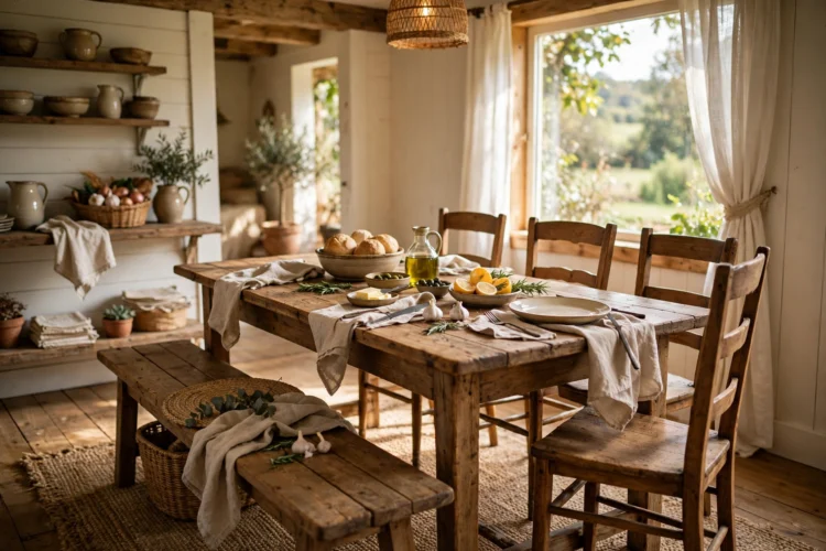Farmhouse dining table with a wooden bench on one side