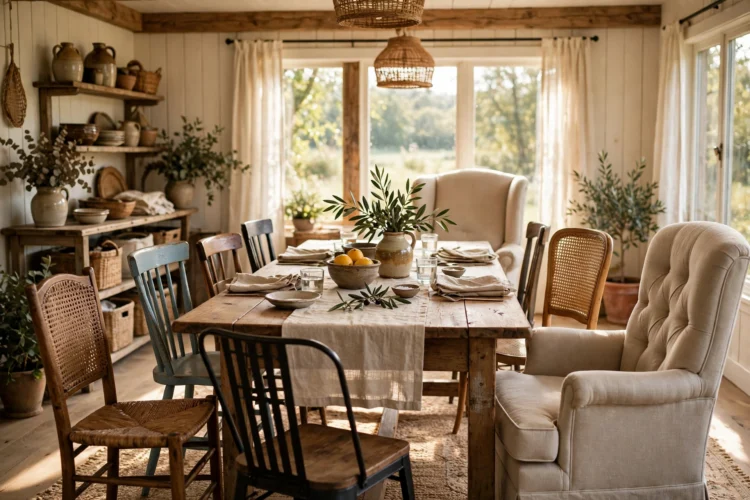 Farmhouse dining table surrounded by mismatched chairs