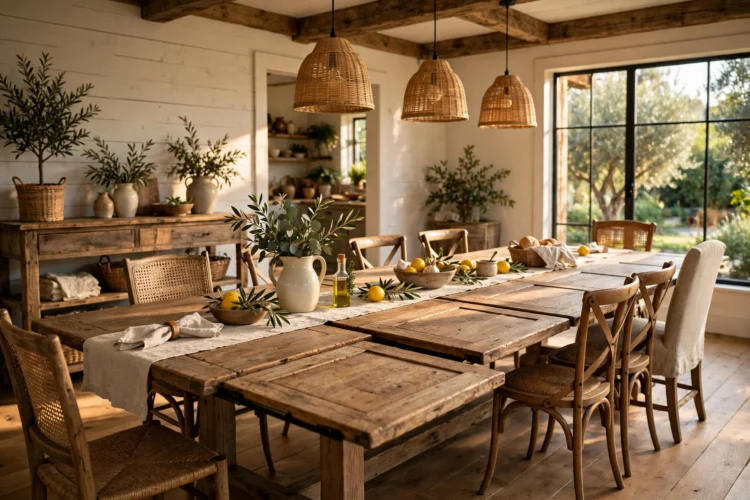 Extendable farmhouse dining table with leaves pulled out