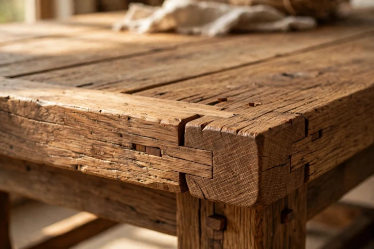 Close-up of breadboard end joinery on a farmhouse table