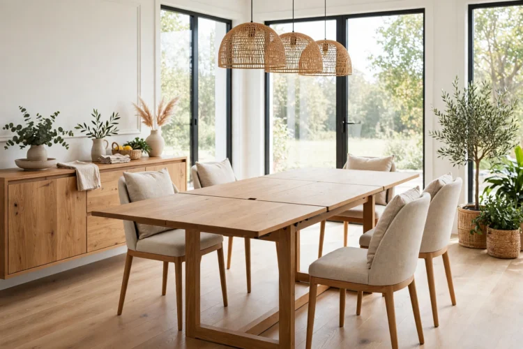Butterfly-leaf extendable dining table in a bright dining room