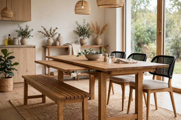Extendable dining table with a wooden bench on one side