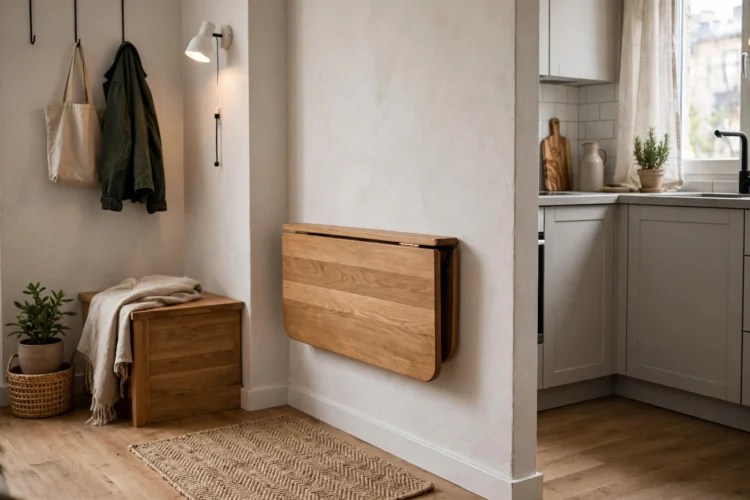 Drop-leaf dining table folded against a wall in a small apartment