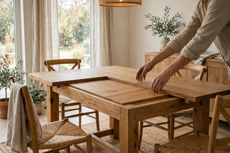Wooden extension dining table with a removable leaf being fitted